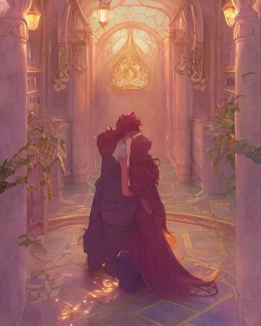 Image similar to secret romance, highly detailed,, gold filigree, romantic storybook fantasy, soft cinematic lighting, award, disney concept art watercolor illustration by mandy jurgens and alphonse mucha and alena aenami, pastel color palette, featured on artstation