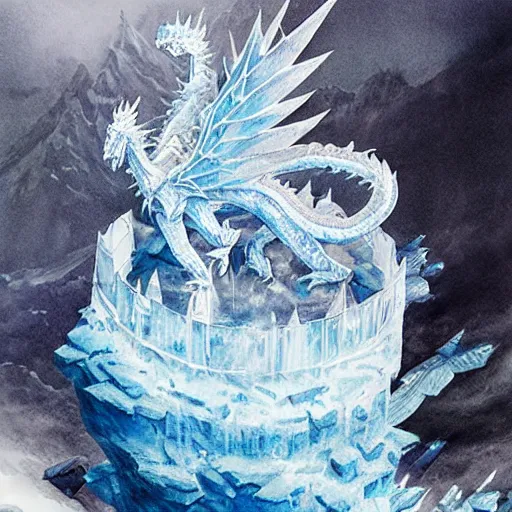 Image similar to highly detailed ice castle floating high above the ground being circled by a small white ice dragon, drawn by Yoji Shinkawa, water color, Dungeons and Dragons, Wizards of the Coast