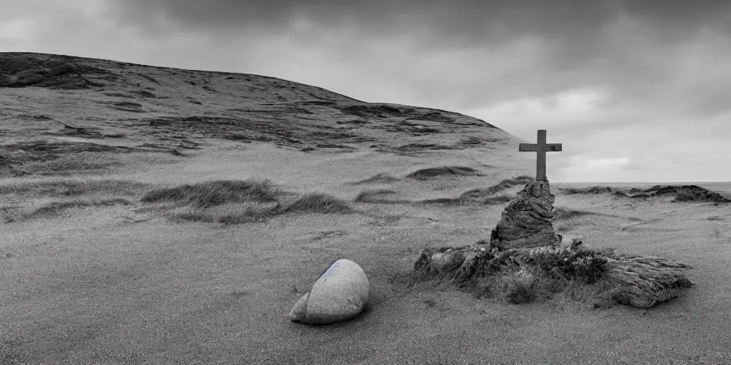 Image similar to a breathtaking surreal photograph of windswept dunes scandinavian landscape, a withered ancient altar + stone in center, blue - grey filter, ultra wide shot, cinematic, 8 k, dramatic lighting