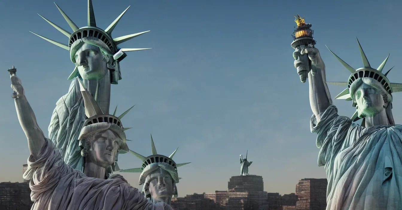 Prompt: the statue of liberty is riding on a chopper and her hair is flying, freedom atmosphere, cinematic composition, depth, defocus, rendered in vray, raytracing, raymarching, by ilm, digital domain, weta digital