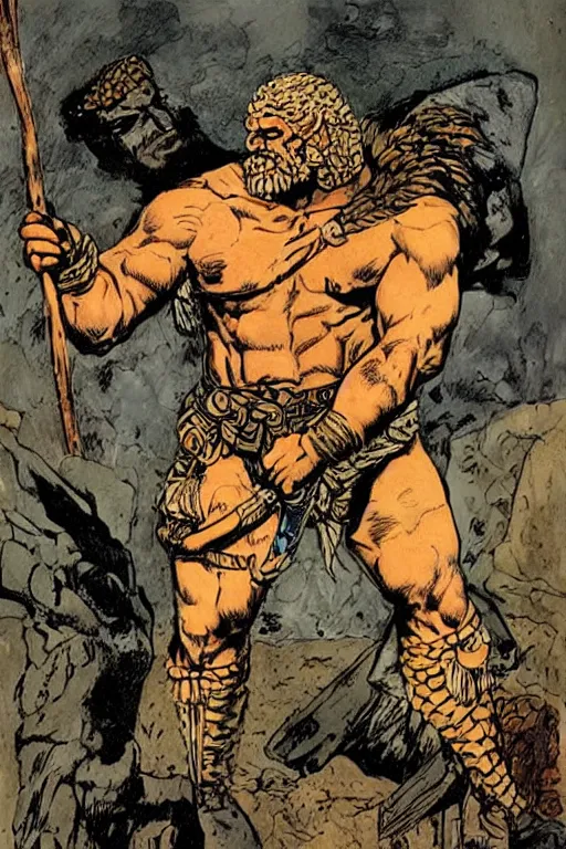 Image similar to ancient historically accurate depiction of the Bible Character Goliath of Gath, the Philistine warrior giant by frank miller