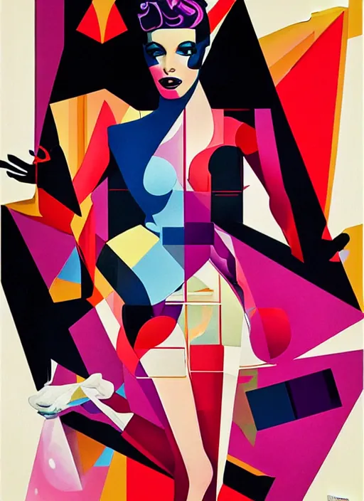 Prompt: futuristic laser girl pinup, by steven meisel, james jean and rolf armstrong, geometric cubist acrylic and airbrush painting with retro and neon colors