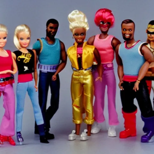 Image similar to barbie mr. t pop band, detailed facial expressions, 1 9 8 0 s aesthetic