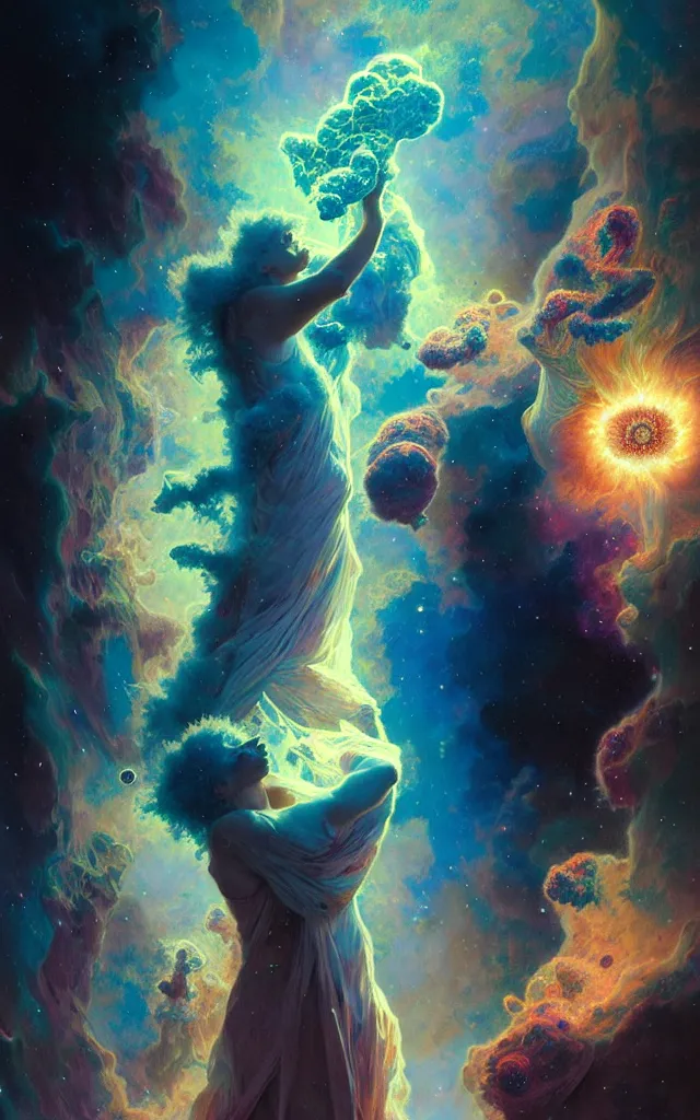 Image similar to psychedelic transcendent puffs of smoke explosion, supernova, nebulae, pillars of creation, enlightenment, high contrast lighting, highly detailed, concept art, art by collier, albert aublet, krenz cushart, artem demura, alphonse mucha