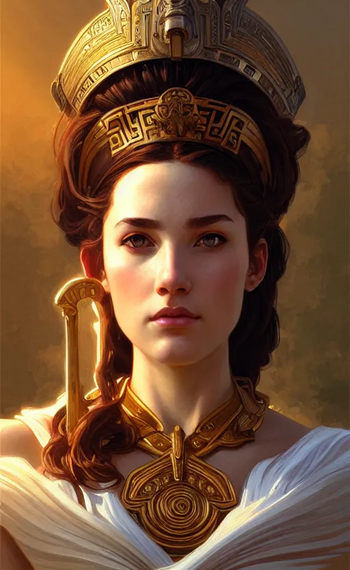 Image similar to portrait of the goddess athena, greek mythology, intricate, headshot, highly detailed, digital painting, artstation, concept art, sharp focus, cinematic lighting, illustration, art by artgerm and greg rutkowski, alphonse mucha, cgsociety