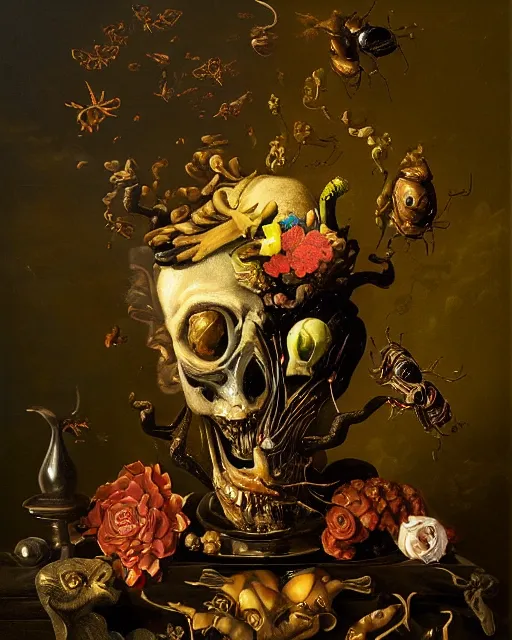 Prompt: refined gorgeous blended oil painting with black background by christian rex van minnen rachel ruysch dali todd schorr of a chiaroscuro portrait of an extremely bizarre disturbing mutated man made of still life flowers and rubber insects with shiny skin acne dutch golden age vanitas intense chiaroscuro cast shadows obscuring features dramatic lighting perfect symmetry perfect composition masterpiece