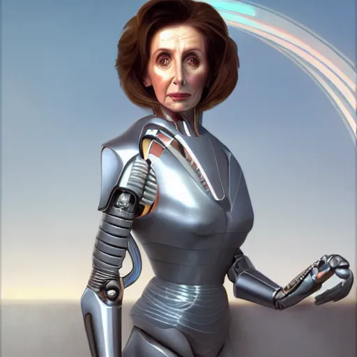 Prompt: nancy pelosi robot from another dimension, cinematic lighting, intricate, elegant, highly detailed, digital painting, artstation, sharp focus, illustration, art by artgerm and greg rutkowski and alphonse mucha and Wayne Barlowe and william-adolphe bouguereau