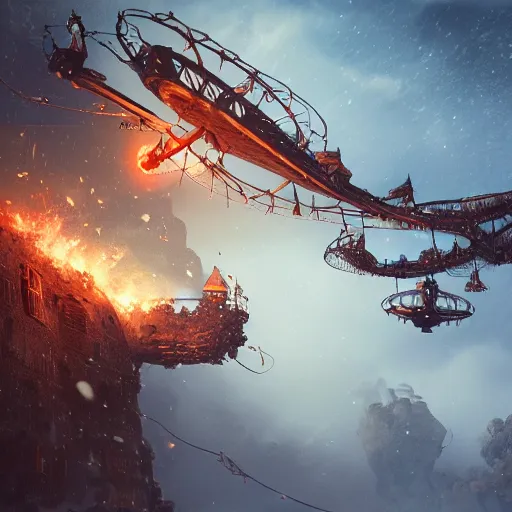 Prompt: a flying steampunk fortress, intricate, behrens style, octane render, fantasy digital art, beautiful composition, trending on artstation, night, meteors, red lightning!!!, red lightning, red lightning, dramatic lighting, snowstorm, eldritch