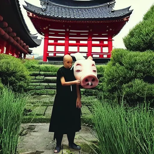 Prompt: “a tall emo girl monk with the head of a pig, in a Japanese temple, grass and weeds”