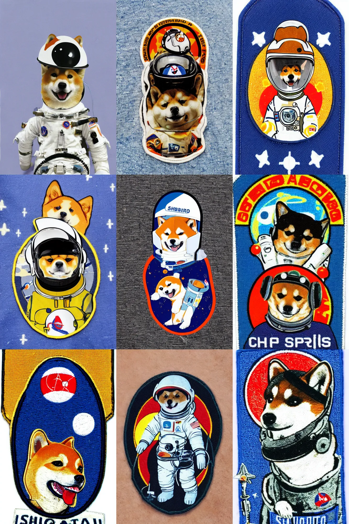 Prompt: Shiba Inu cosmonaut wearing helmet, 60s space mission patch