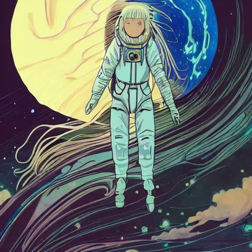 Prompt: portrait of a young astronaut girl, flowing white hair, tsutomu nihei, yoshitoshi abe, alphonse mucha, loish, murata range, moebius, synthwave, cosmic, kawaii big eyes,studio lighting, manga, anime, vibrant, beautiful, dreamy, gradation, ((space nebula background))