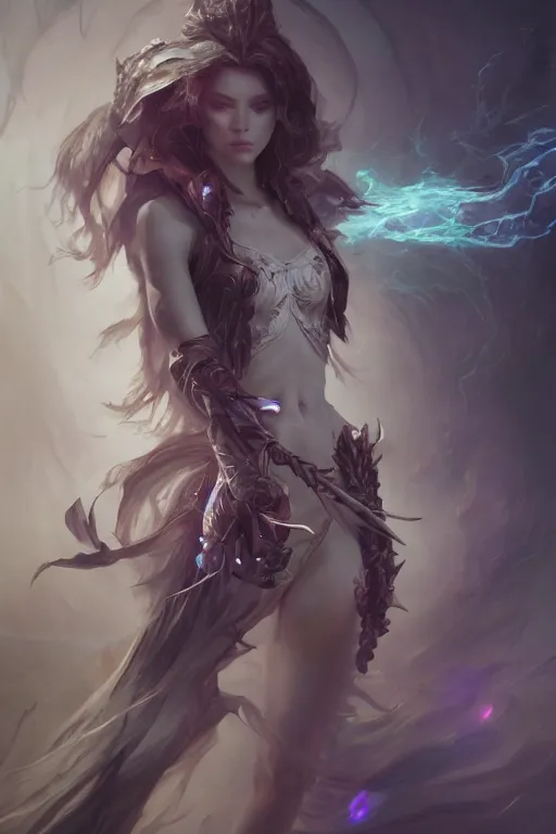 Image similar to beautiful girl necromancer, wizards of the coast, casting magic spell, angel, 3 d render, hyper realistic detailed portrait, magic storm, thunder, ruan jia, wlop. scifi, fantasy, magic the gathering, hyper detailed, octane render, concept art, peter mohrbacher