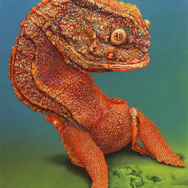 Image similar to Hyperrealistic intensely colored studio Photograph portrait of a deep sea bioluminescent Frilled Lizard Fish sitting in a lawn chair in its back yard, award-winning nature oil painting by Audubon and Zdzisław Beksiński vivid colors high contrast hyperrealism 8k