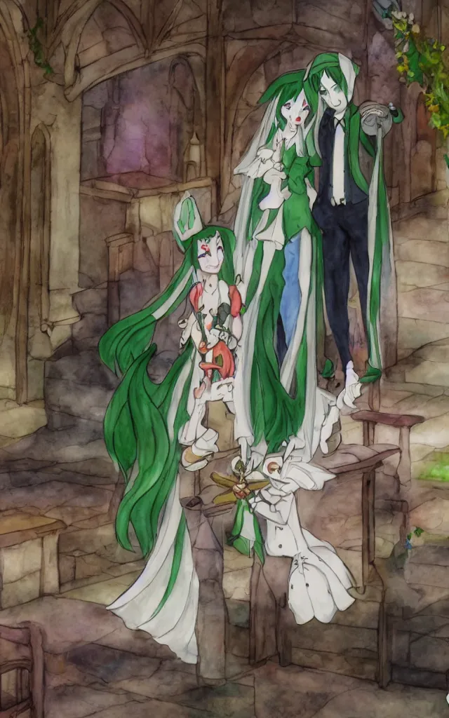 Prompt: jester getting married to my Gardevoir anime waifu, anime beautiful scene in a church, high quality upload, watercolour painted background, wedding, highly rated anime animation