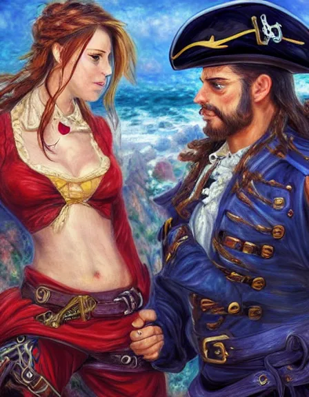 Image similar to couple. fully clothed armed female pirate captain with a male pirate partner, sun, summer, blue eyes, beauty, wisdom, love, strength, knowledge, smart, portrait, symmetrical, highly detailed, digital painting, artstation, smooth, sharp focus, illustration, strength, art by artgerm, renoir and louis theophile hingre. 8 k