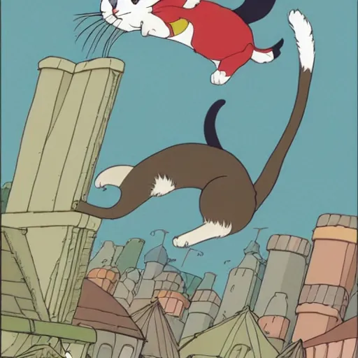 Prompt: a cat flying through the air, studio ghibli, flat colours, vibrant