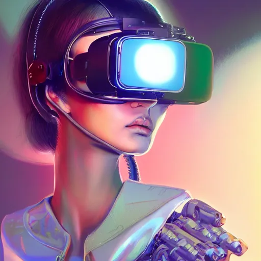 Image similar to a portrait of a beautiful cybernetic girl wearing occulus rift headset, cyberpunk concept art by nick sullo and josan gonzalez and syd mead and masamume shirow and katsuhiro otomo and , digital art, highly detailed, intricate, sci-fi, sharp focus, Trending on Artstation HQ, deviantart, unreal engine 5, 4K UHD image