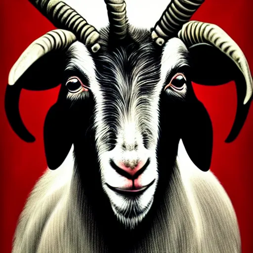 Image similar to detailed portrait of vladimir putin in the form of a goat with detailed big horns, with a pentagram on the background