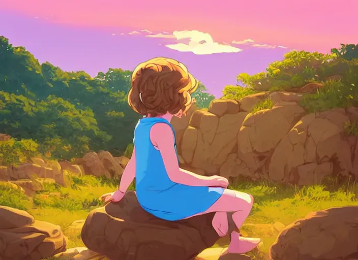 Image similar to a little girl with short wavy curly light brown hair sitting on a rock. background is a pink and blue sunrise sky. clean cel shaded vector art. shutterstock. behance hd by lois van baarle, artgerm, helen huang, by makoto shinkai and ilya kuvshinov, rossdraws, illustration, art by ilya kuvshinov