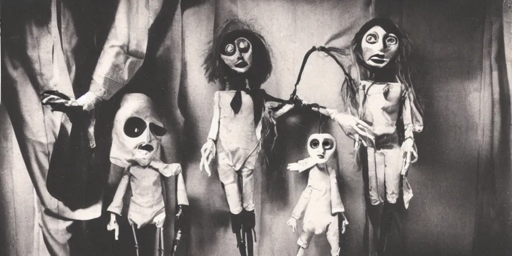 Image similar to 1 9 7 0 s female alive, eerie, creepy masked marionette puppet, unnerving, clockwork horror, pediophobia, lost photograph, dark, forgotten, final photo found before disaster, realistic, family portrait, polaroid,