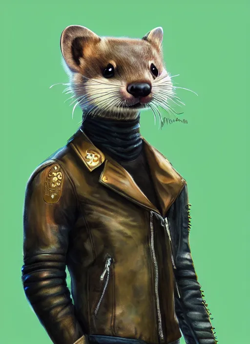 Image similar to cyberpunk anthropomorphic ferret pine marten, with mohawk, wearing leather jacket, medium shot portrait, digital painting, trending on ArtStation