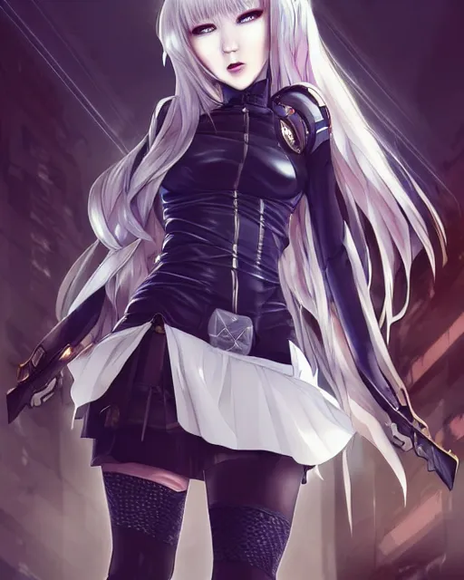 Prompt: The successful warrior is the average man, with laser-like focus, artwork by artgerm, anime, cyberpunk streets in Japan, elegant, seductive, long white hair, knee high socks, extra short blue plaid skirt, white blouse, army boots, high fantasy, CGsociety, full length, exquisite detail, post-processing, low angle, masterpiece, mystical, magical, art by Masamune Shirow