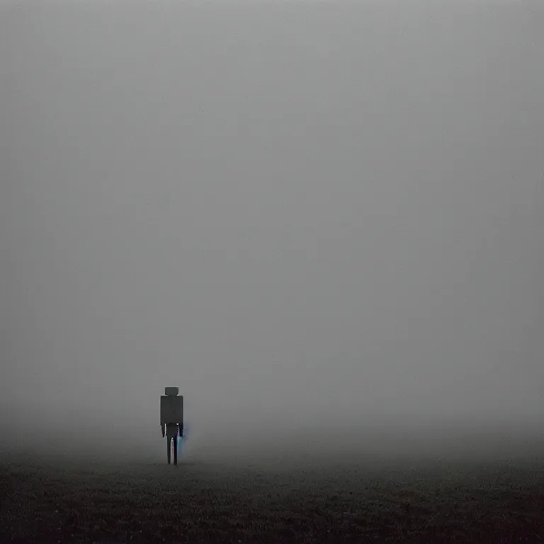 Image similar to a sole angular lanky liminal observer droid, in a brutalist yet rural landscape by simon stalenhag, 3 5 mm film photography, dawn, eerie fog