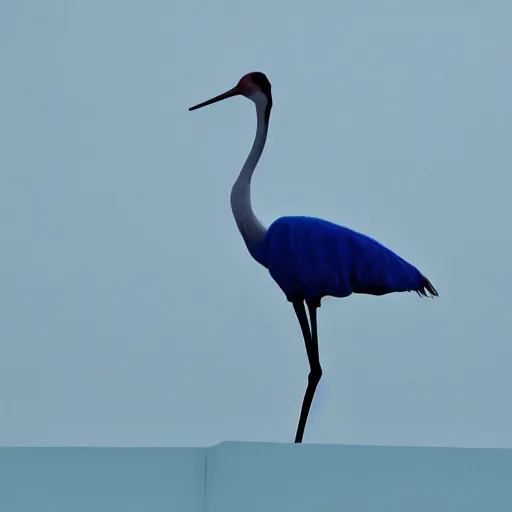 Image similar to a hybrid of a crane and a frog on the background of a blue sunset