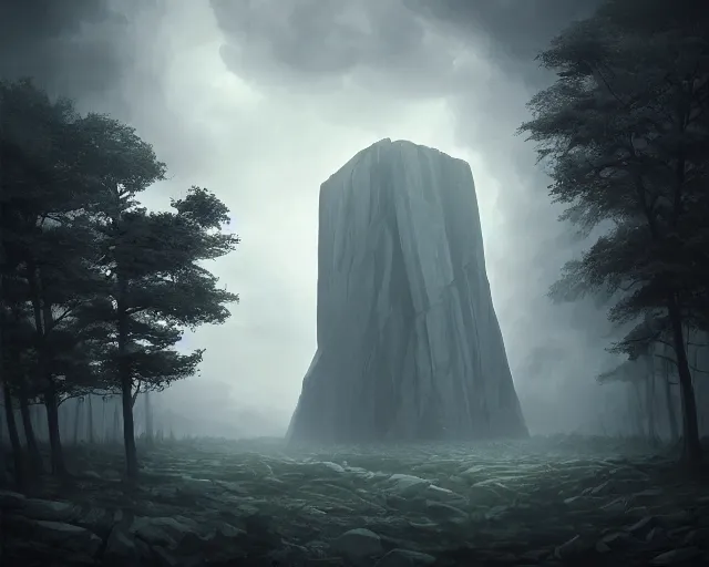 Image similar to monolithic black monolith standing above a stormy dark forest at sunset, illustration, by ( kieran yanner ) ( miranda meeks ) ( anna podedworna ) ( cristi balanescu ), digital art