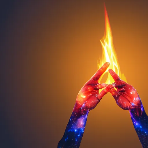 Prompt: two hands, light, flame, galaxy colors, dark background, 4k resolution