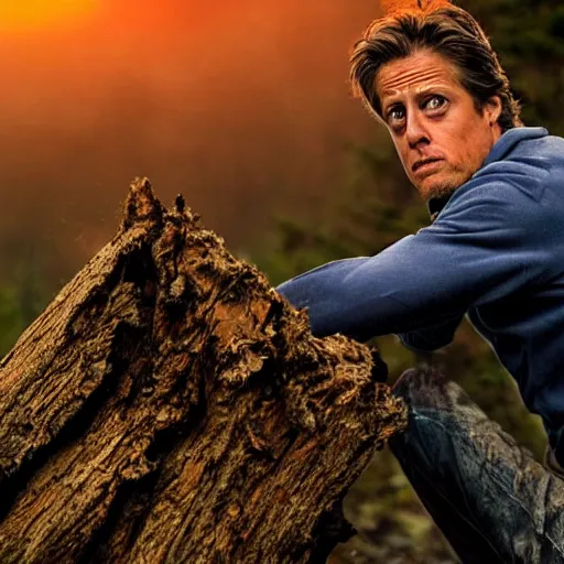 Prompt: extreme log shot, man vs wild, hugh grant, born survivor, face with beard, extreme, wide shot, sunset ligthing, forest and fear, worms, bonfire, art by carus carl gustav,