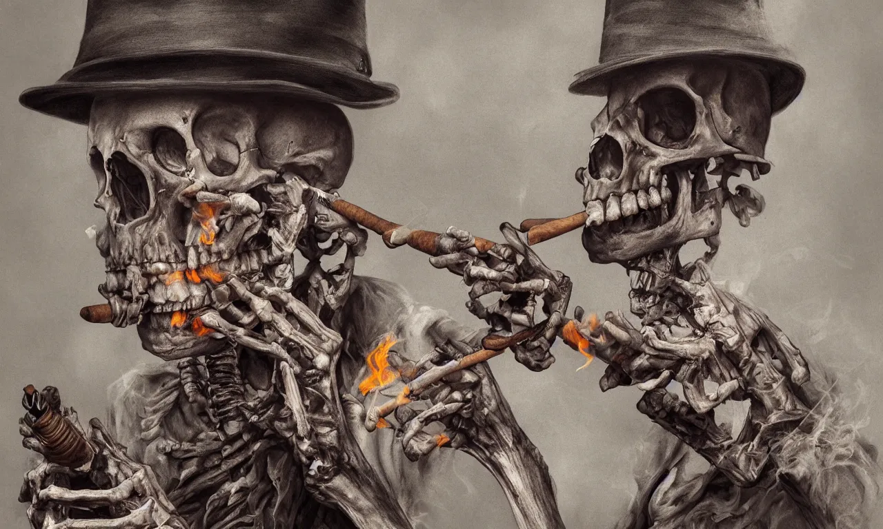 Prompt: skeleton painter wearing a hat and smoking a cigar, hyperrealism, photorealistic art, digital arts, intricate details and composition, surreal colors, 4 k, 8 k, artstation