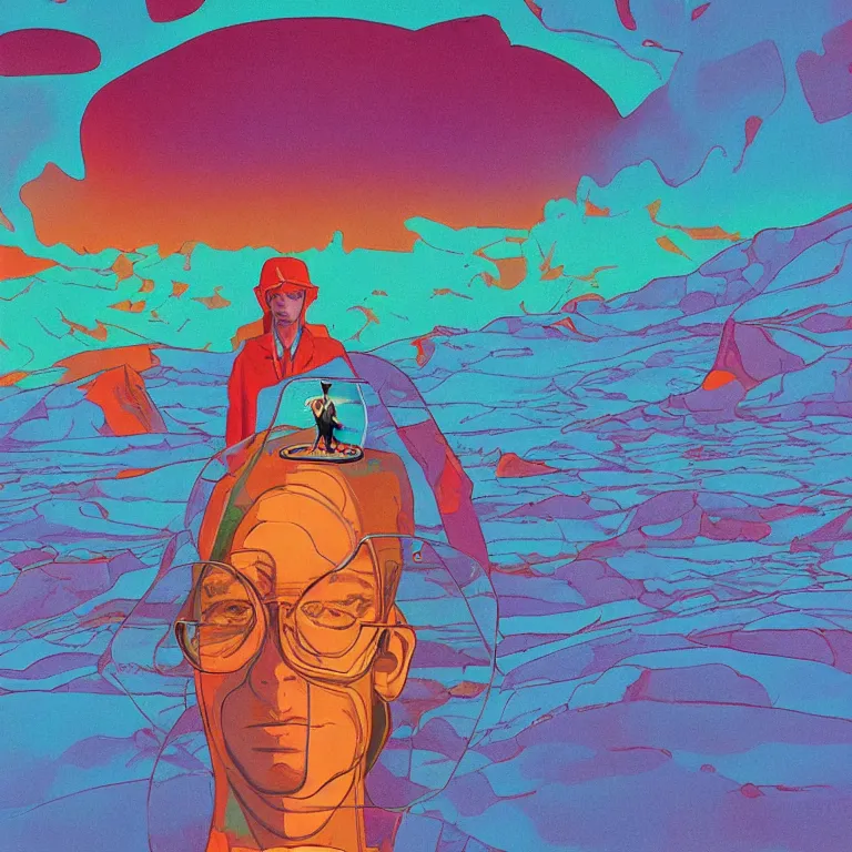Prompt: an transparent glass portrait of a young canadian man holding a colorful blotter paper of lsd acid and dreaming psychedelic hallucinations in the vast icy landscape of antarctica, by soul bass, kawase hasui, moebius and edward hopper, colorful flat surreal design, xray hd, 8 k, artstation