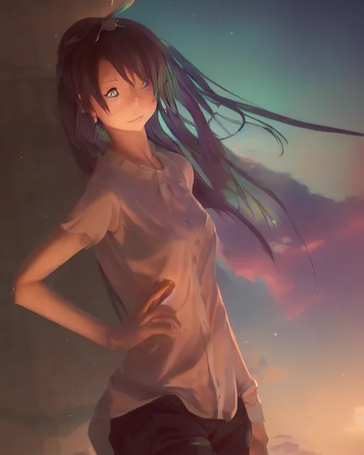 Prompt: !dream a beautiful anime girl, Full shot, Atmospheric lighting, By Makoto Shinkai, Stanley Artgerm Lau, WLOP , Rossdraws, James Jean, Andrei Riabovitchev, Marc Simonetti, krenz cushart, Sakimichan, D&D trending on ArtStation, digital art.