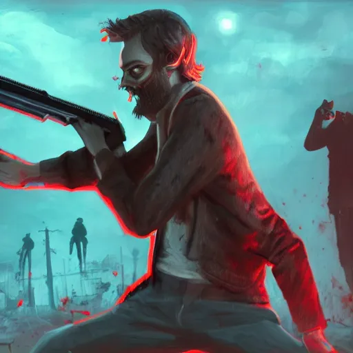 Prompt: Pewdiepie killing a zombie with a gun, dynamic lighting, oil painting, 8k, detailed, cinematic, futuristic