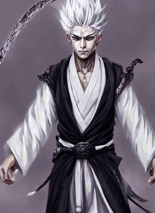 Image similar to a highly detailed illustration of fierce white haired young japanese man wearing hakama, black! sclera! eyes, dramatic serious pose, muscular, intricate, elegant, highly detailed, centered, digital painting, artstation, concept art, smooth, sharp focus, league of legends concept art, wlop