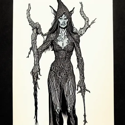 Image similar to full body of an elven witch,intricate, veins, by Hugo pratt, ultradetailed