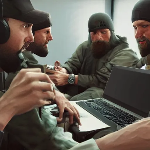 Prompt: photorealistic picture of 5 guys playing counter strike in small room in a team called okayboomers raging and drinking coffee, russia, diversity, grayscale, masterpiece