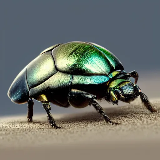 Image similar to a detailed hyper realistic scarab beetle on sand rendering with eyes and thorax macro lens, insect photography, pyramid or egyptian architecture backgroundtrending on artstation, octane render bloom v8 cinema 4d depth of field filmic 8k