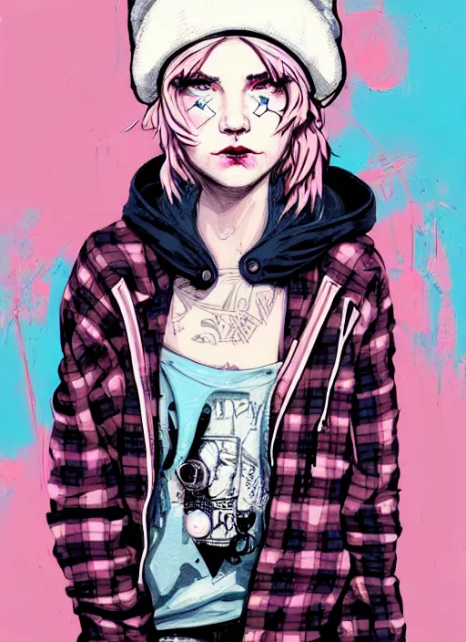 Image similar to highly detailed portrait of an american sewer punk lady student, blue eyes, tartan hoody, hat, white hair by atey ghailan, by greg tocchini, by kaethe butcher, by james gilleard, gradient pink, black, brown, cream and light blue color scheme, grunge aesthetic!!! ( ( graffiti tag wall ) )