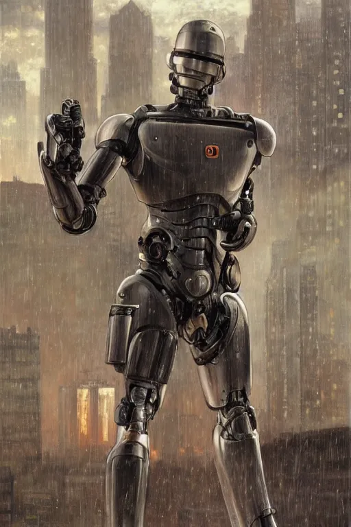 Prompt: Peter Weller as Robocop portrait, rainy Detroit by Stanley Artgerm Lau, greg rutkowski, thomas kindkade, alphonse mucha, loish, norman Rockwell