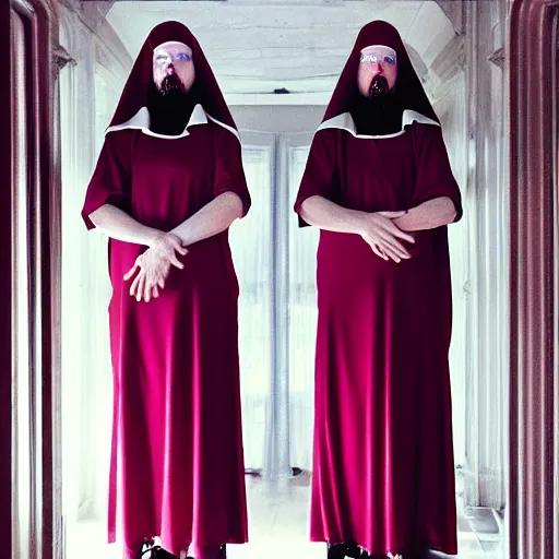 Image similar to award winning photo Floating twin nuns wearing translucent habits Very long arms, in a sanctuary, eerie, frightening —width 1024 —height 1024