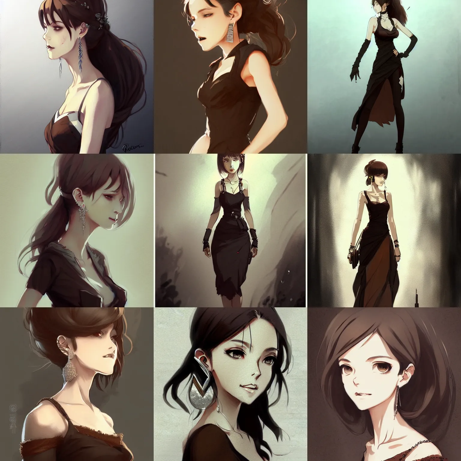 Prompt: gorgeous woman with silver earrings, wearing an elegant dress, full body drawing, black and brown colors, in the style of greg rutkowski, anime artstyle, intricate