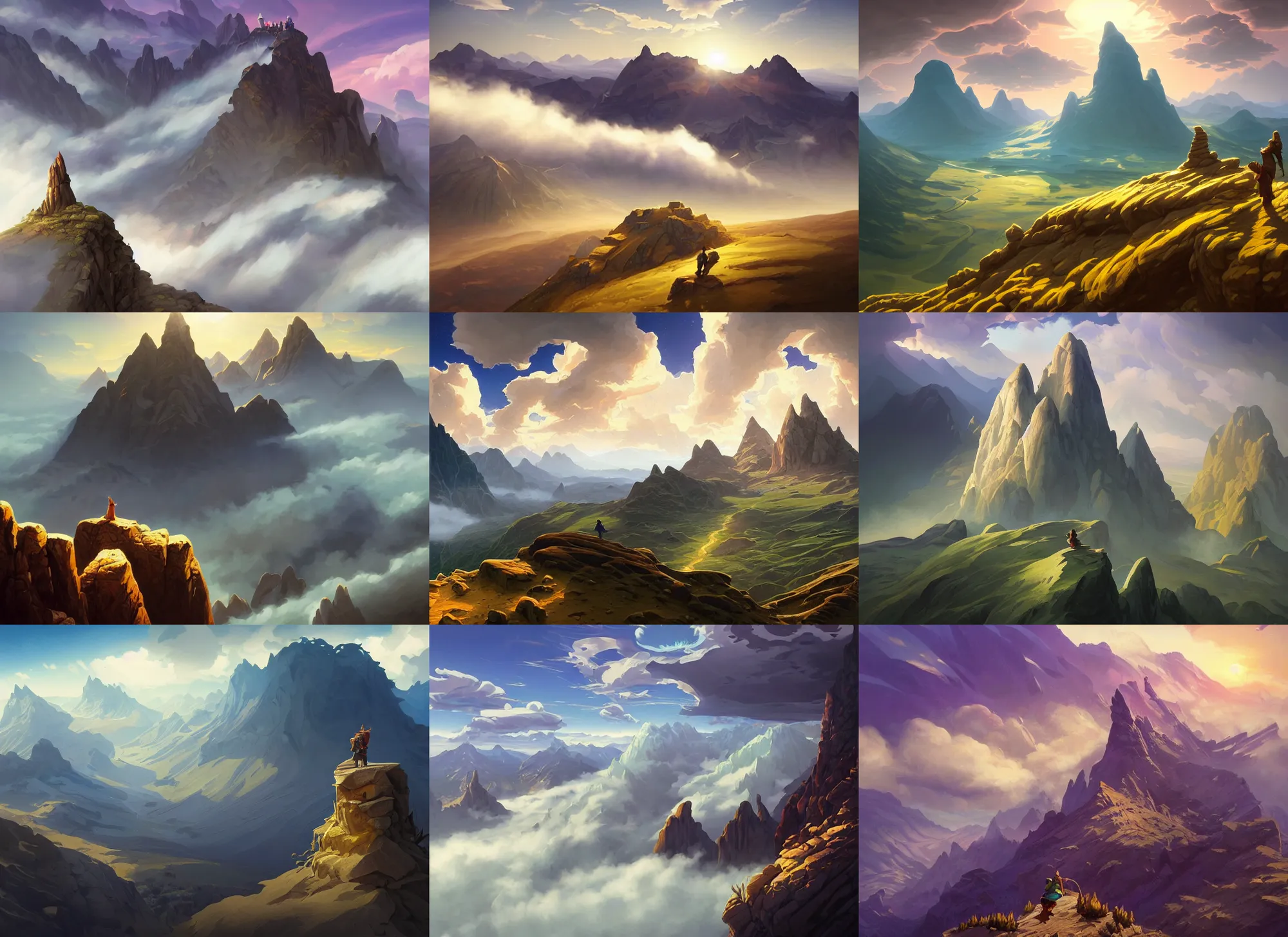 Prompt: mountain landscape without people, extreme view angle, above low layered clouds, deep focus, fantasy, intricate, elegant, highly detailed, digital painting, artstation, concept art, matte, sharp focus, illustration, hearthstone, art by rhads and artgerm and greg rutkowski and alphonse mucha.