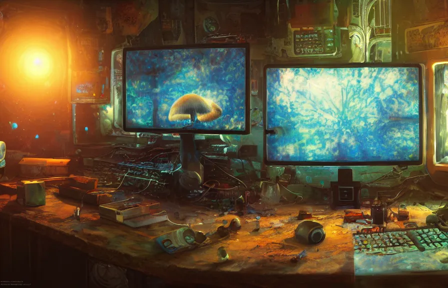 Image similar to A realistic painting of a vintage computer, with a psychedelic mushroom on the screen, in a post apocalyptic setting, unreal 5, DAZ, hyperrealistic, octane render, RPG portrait, dynamic lighting