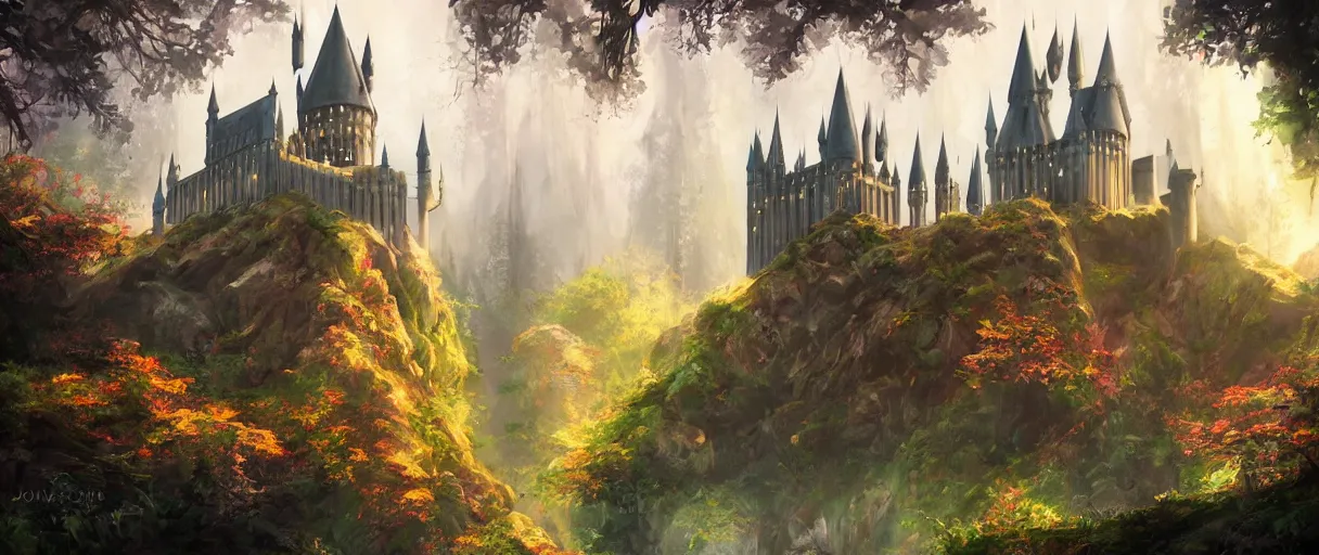 Image similar to hogwarts type castle in the forest behind a garden, concept art, digital painting, style of jordan grimmer, warm lighting, futuristic, volumetric lighting, view from below, vivid colours, bright, daytime, godrays, high detail
