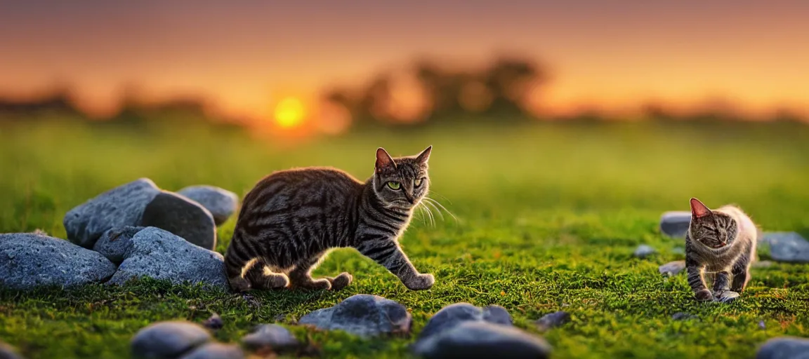 Prompt: a singular cat walking on the grass near a river and some little rocks at sunset, cute, godrays, complementary colors, calm, relaxing, beautiful landscape, highly detailed, high quality, 4k HDR, natural lighting, close view, path tracing, precise reflection on the water, orange palette, anatomically correct, hyperrealistic