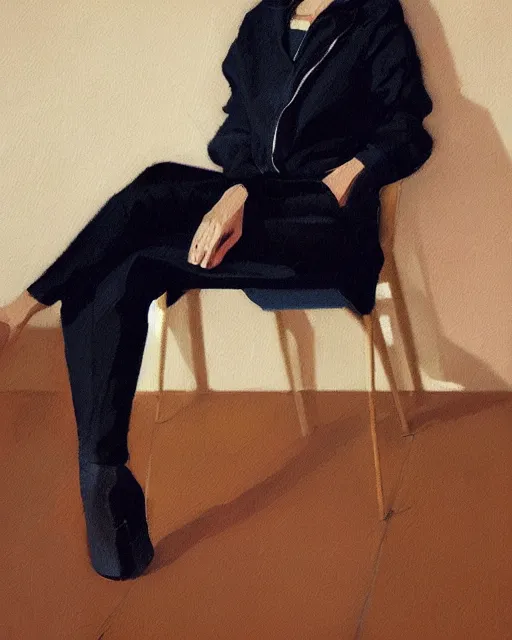 Prompt: a ultradetailed beautiful panting of a stylish woman sitting on the floor in a tiled room, she is wearing an oversized jacket, night time, oil painting, by ilya kuvshinov, greg rutkowski and guweiz