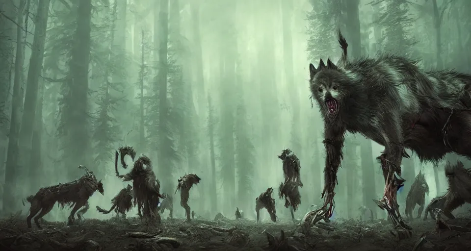 Image similar to an epic action concept masterpiece of a rabid wolfpack, in a forest made of nightmares, horrific digital art, extremely moody lighting, style of igor kieryluk