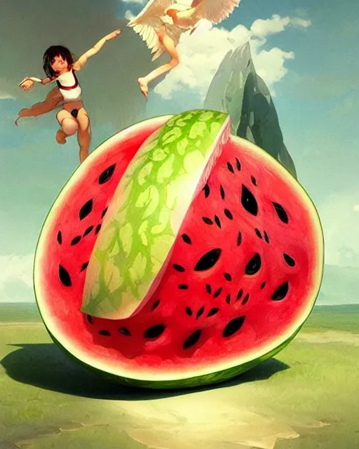 Image similar to an giant watermelon with small wings, cute pose, highly detailed, digital painting, artstation, concept art, smooth, sharp focus, illustration, art by artgerm and greg rutkowski and alphonse mucha